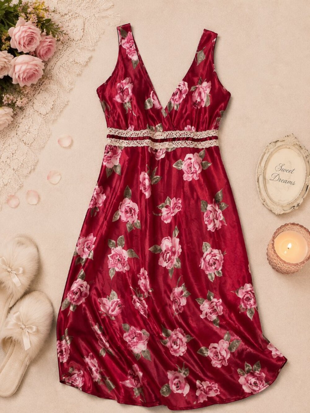 California Dynasty Floral Satin Nightgown XL Red Pink Roses Lace Trim Romantic